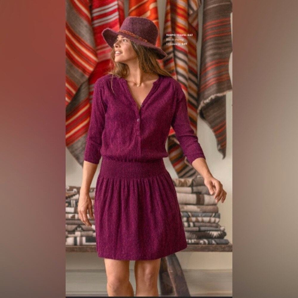 prAna Sugar Pine Organic Cotton Crinkle Gauze Drop Waist Dress Black Cherry S